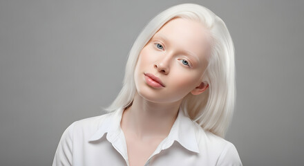 Fototapeta premium Albino woman with white hair and blue eyes looking up, Generated by AI