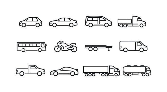 Line style vector icons of highway vehicles: compact car, sedan outline, minivan tile, semi-truck rig, bus silhouette, motorcycle