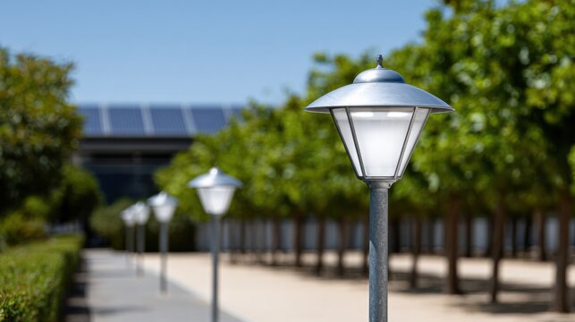 Solar-powered street lamps illuminate a pathway lined with trees in a clean energy park, showcasing sustainable lighting solutions in an outdoor setting