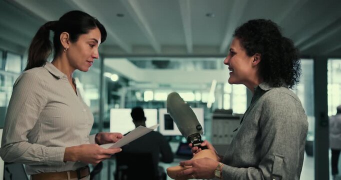 Prosthetic, leg and women with discussion in office for project, development and collection. Happy, worker and prosthetist with prototype by client for future innovation, bionic limb and acquisition