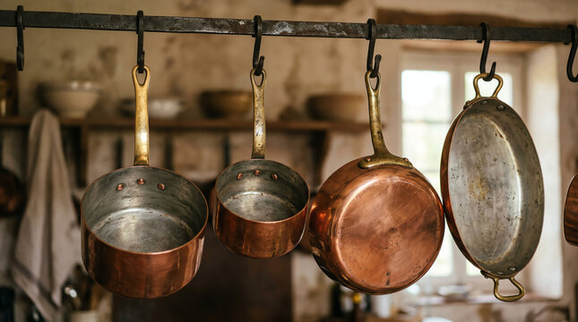 Vintage French copper cookware with brass handles and tin lining on iron rack