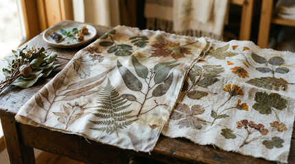 Fototapeta premium Eco-printed fabric showing botanical contact prints of leaves and flowers