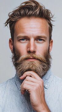 Handsome confident young man with a full beard and blue eyes thoughtfully touching his chin while looking directly at the camera, posing in a studio with a plain white background