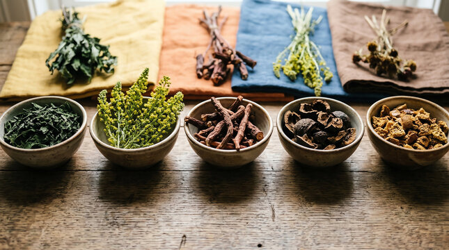 Natural dye plants with weld madder root woad leaves and walnut hulls in bowls