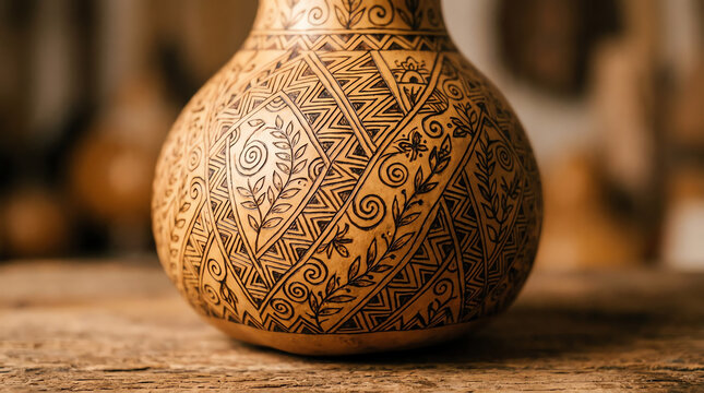 Dried gourd with intricate pyrography patterns in geometric and botanical motifs