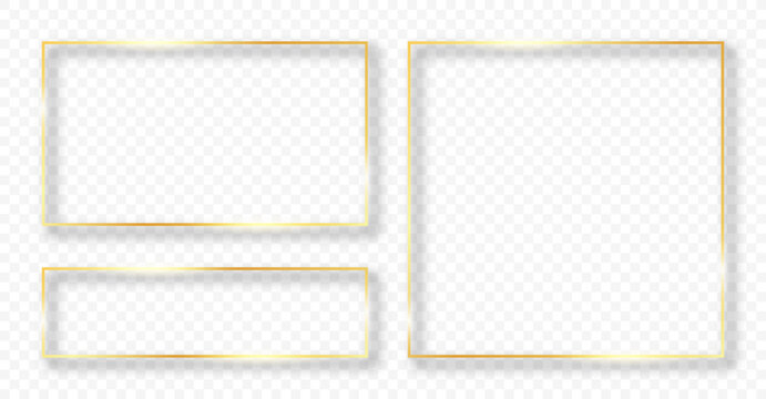 Golden frames collection with light effect. Shiny gold frames and borders with glow, glare and glitter isolated on transparent background. Vector
