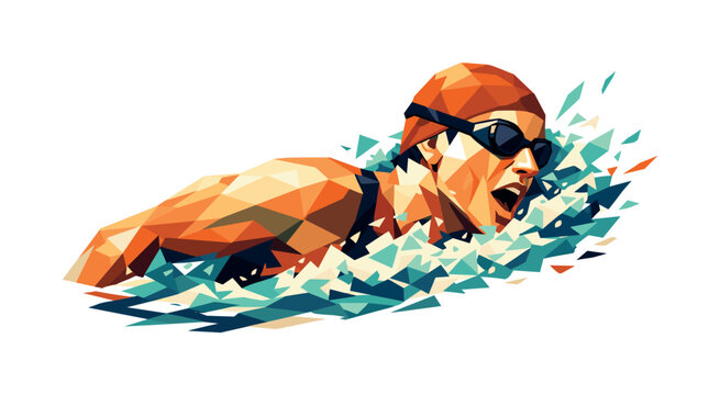 Low-poly vector illustration of a swimmer mid-breath cycle, head turned with angular neck and shoulders, polygonal water