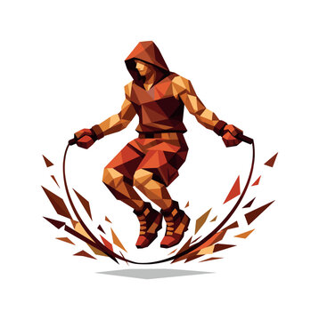 Low-poly vector illustration of a boxer jumping rope, angular faceted body in mid-air with knees slightly bent and arms swinging