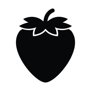 A minimalist black silhouette icon of a single fresh strawberry with a stem on a white background
