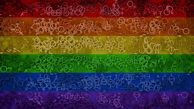 A 3D animation of gender symbols fall on a LGBTQ rainbow flag. 