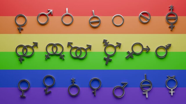 A 3D animation of gender symbols falling on a LGBTQ rainbow flag. 