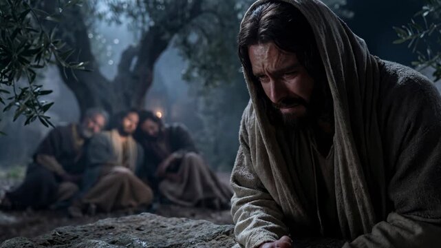 Jesus Christ praying in Gethsemane garden. Crying man suffering during agony in the garden. Dramatic biblical scene of prayer before Easter, divine sacrifice.