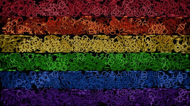 A 3D animation of gender symbols falling to the ground and forming a LGBTQ rainbow flag.