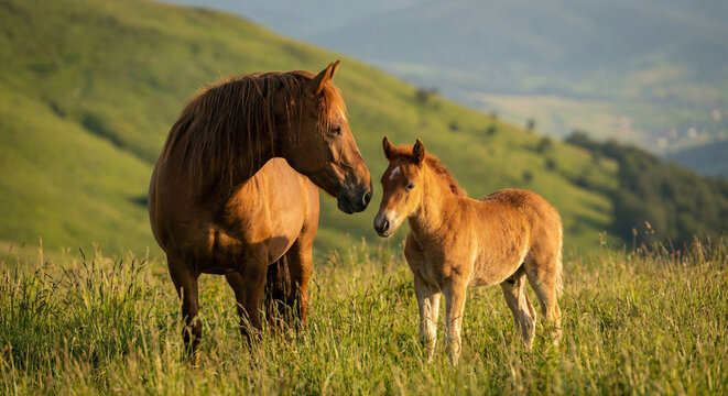 uma &eacute;gua m&atilde;e olhando para o seu filho, potro, em um por do sol em uma montanha verde