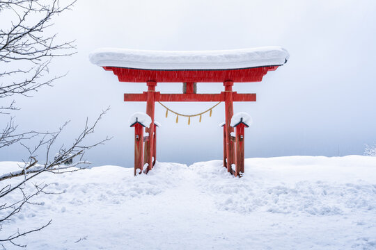 Gozanoishi Shrine in winter, Lake Tazawa, Akita Prefecture, Japan