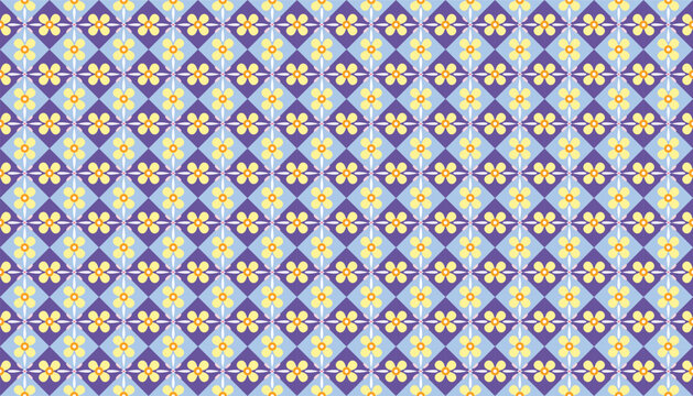 Purple and yellow geometric seamless pattern with floral tile motifs. Abstract Mediterranean inspired vector background
