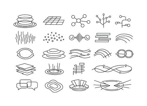 Line vector icons of a data-driven hologram conversational partner: hologram-frame rings, projection-grid tiles, dialogue-flow