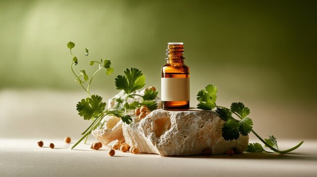 Brown glass bottle of essential oil placed on a stone with fresh cilantro leaves and coriander seeds, soft green background creating a natural ambiance