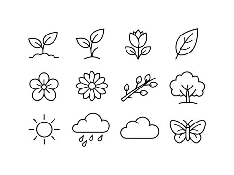 Line style icons of spring rebirth: sprout, shoot, bud, leaf; bloom, flower, branch, tree; sun, rain, cloud, butterfly Strict 3x4