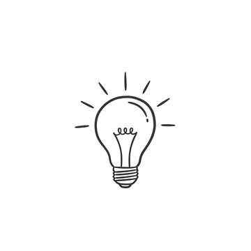 Simple line drawing of a lit light bulb with glowing filament isolated on transparent background