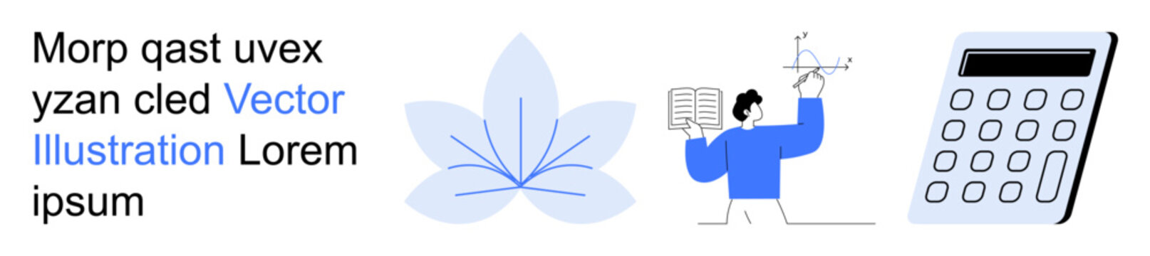 STEM education, learning resources, computational skills, technology, problem-solving, academic tools. A book and a character solving equations, a flower icon and a calculator. STEM education