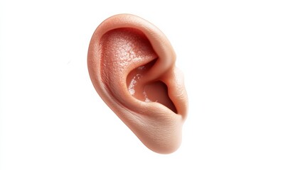 Fototapeta premium Realistic human ear model displayed against a white background, showcasing intricate details of the outer ear structure and skin texture for anatomical study
