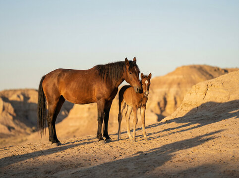 uma &eacute;gua m&atilde;e olhando para o seu filho, potro, em um por do sol em uma montanha verde