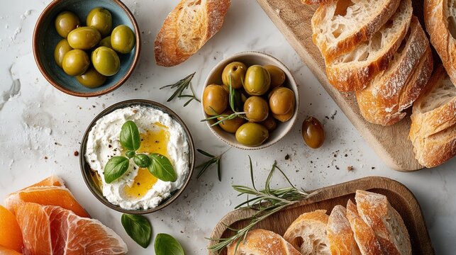 Assorted bread, olives, and creamy cheese arranged on a wooden board, garnished with fresh herbs, creating a rustic Mediterranean-inspired food display