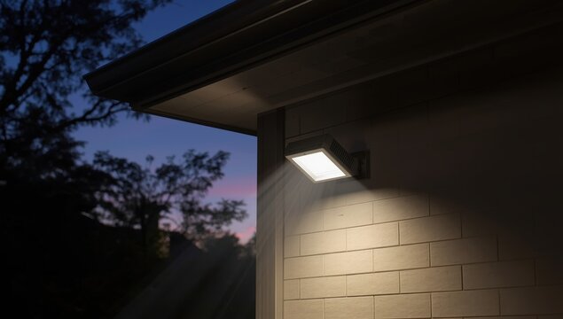 A dual-head floodlight for outdoor security positioned beneath the roof.