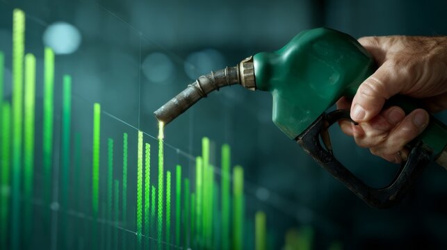 Hand holding green fuel nozzle over digital graph with rising green bars, representing fuel prices and economic trends in a modern context
