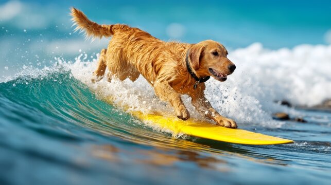 Golden retriever dog surfing on a yellow surfboard in ocean waves with splashes of water and blue sky in the background