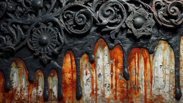 A piece of a vintage black cast-iron fence ornament in Greek design. The paint has dripped due to age and heat, creating droplet shapes.