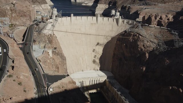 An aerial view of Hoover Dam on the Nevada and Arizona boarder