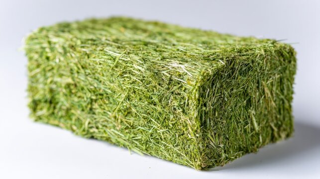Close-up of a single compressed hay bale on neutral background