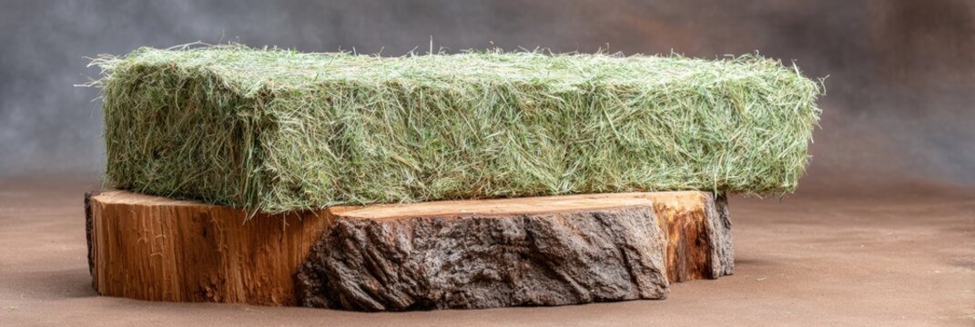 Rectangular hay bale on wooden base with brown background
