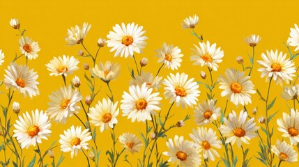 Fototapeta premium Yellow background holds lovely chamomile flowers in a flat arrangement.