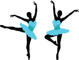 Two black silhouette ballerinas in blue tutus on white background ballet dancer © Aysha