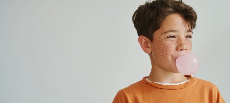 Young Boy with Bubble Gum, Casual Smile, Orange Shirt, Blurred Background