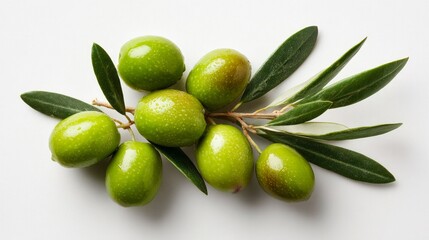 Obraz premium Green olives with leaves sit on white, seen from above.