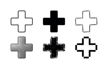 Fototapeta premium Collection of six different plus sign symbols in black and white on a white background