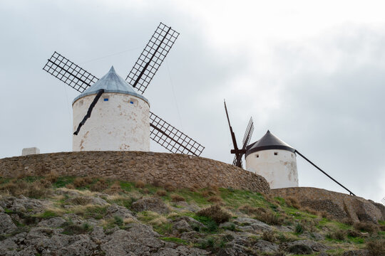 Two traditional windmills at Cerro Calderico, Consuegra, Toledo