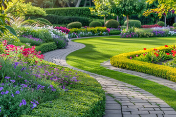 Obraz premium Landscape gardening design with green manicured lawn, green backyard with colorful blooming flower beds. 