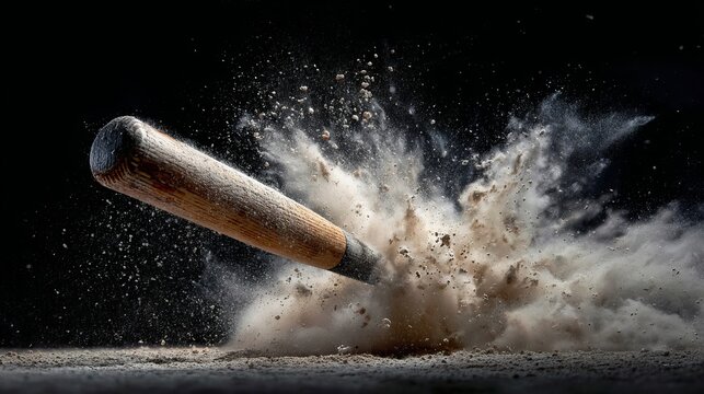 A baseball bat smashing into a cloud of dust and debris on a dark background