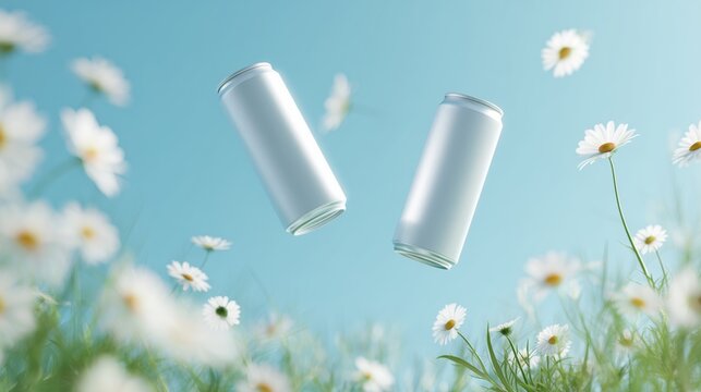 levitating soda cans with daisy flowers minimalist product mockup on sky background