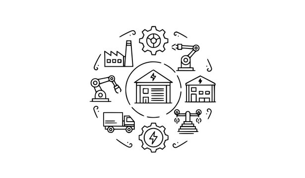 Minimal industrial icon circle composition thin solid factory production vector logo design set