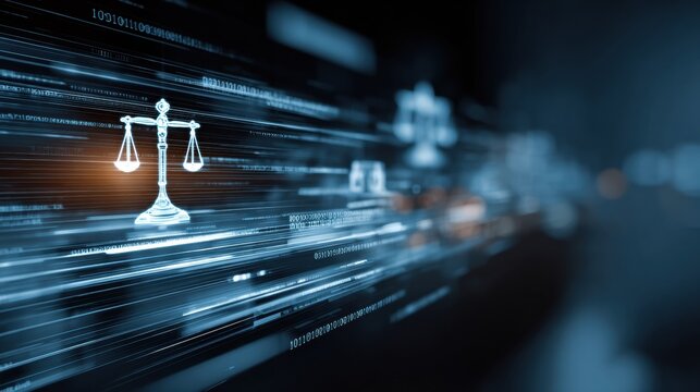 Digital Legal Network Features Flowing Data Streams and Law Symbols Captured With a 35mm Lens at F3.2 for Clarity and Detail