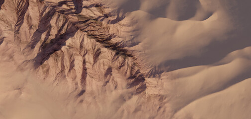 Aerial View of Desert Dunes and Rocky Ridge at Sunset – 3D Rendering Landscape Texture © edb3_16