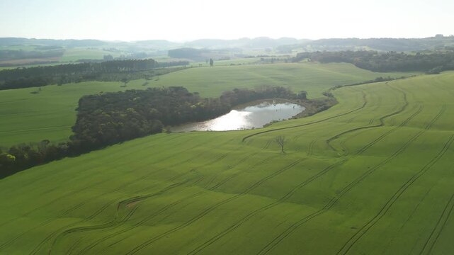 Incr�vel paisagem de campos verdes com um lago e c�u azul.