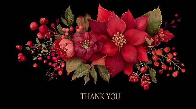 A beautiful bouquet of red flowers and berries on a black background with a thank you message