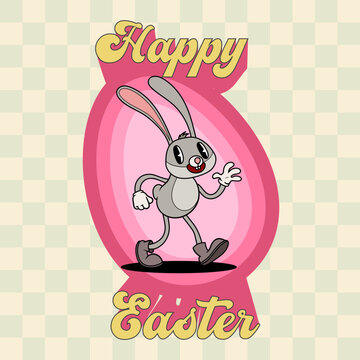 Easter card or poster in hippie groovy retro style. Vector illustration with cool easter bunny, rabbit. Spring retro character. Vector illustration.